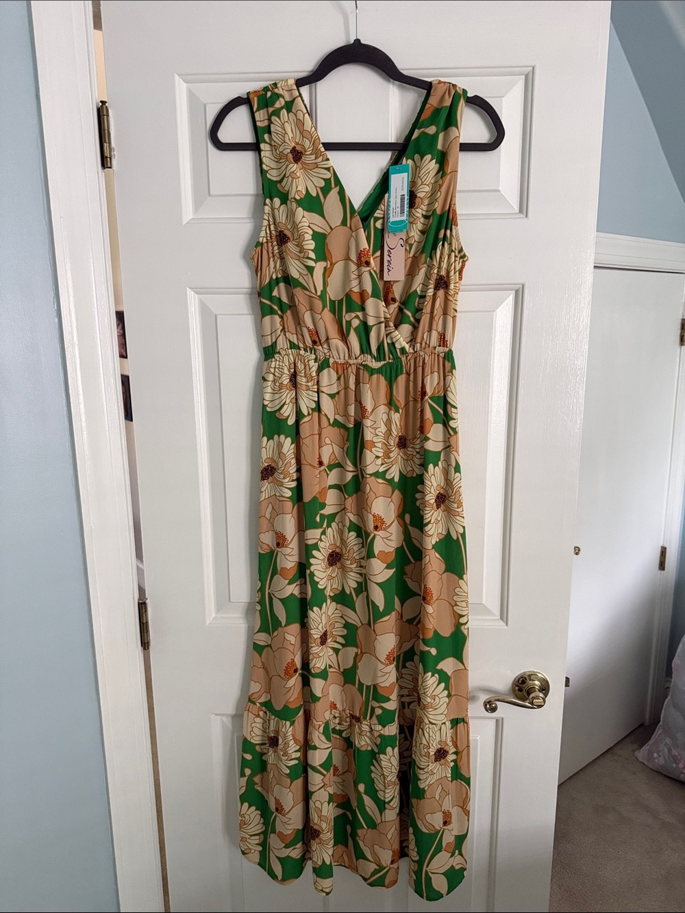 Green Floral Maxi Dress with Beige Blooms